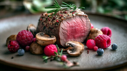 Capture the essence of a juicy venison tenderloin fillet steak with mushrooms and forest berries in this closeup shot. Ideal for food bloggers and social media content.