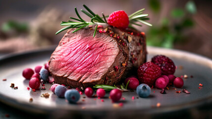This closeup of a delicious venison tenderloin fillet steak with mushrooms and berries is a must-have for food photography enthusiasts. - obrazy, fototapety, plakaty