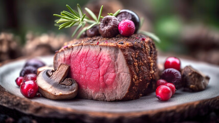 Highlight the deliciousness of a fried venison tenderloin fillet steak with mushrooms and berries with this macro shot. Ideal for food photographers and chefs.