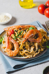 Pasta with Shrimp and Cream Sauce, Italian Cuisine, Mediterranean Food