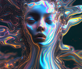Hologram woman face from colorful liquid waves background. Generative AI 