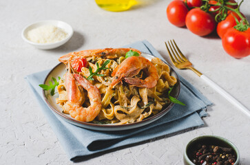 Pasta with Shrimp and Cream Sauce, Italian Cuisine, Mediterranean Food