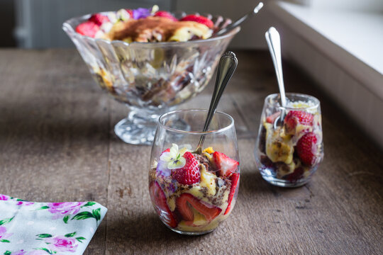 modern trifle dessert, in stemless glasses