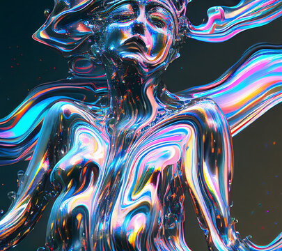 Hologram woman face from colorful liquid waves background. Generative AI 