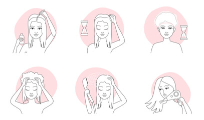Hair care and treatment steps with oil application thin line icons set vector illustration. Outline female characters apply oil on hair and scalp, massage with comb, wash with water and shampoo