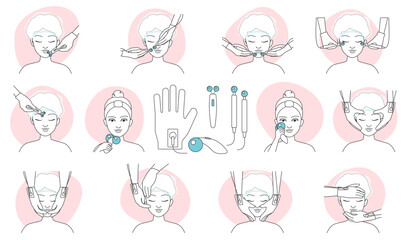 Microcurrent treatments infographic line icons set vector illustration. Hand drawn outline hands of professional beautician massage face skin of woman with micro current electrodes, lifting therapy