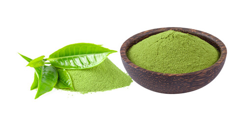 tea leaf and matcha green tea powder isolat on transparent png