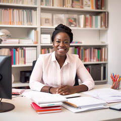 Black business woman smiling at her desk with paperwork around her - AI Generative