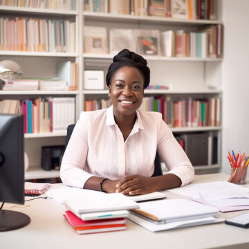 Black business woman smiling at her desk with paperwork around her - AI Generative
