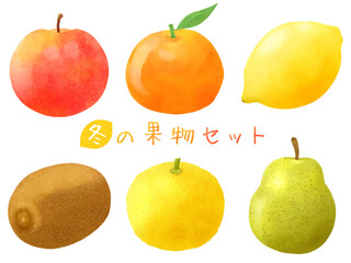 冬の果物6種(りんご、みかん、レモン、キウイ、柚子、ラフランス)のセット