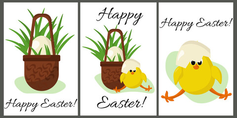 Fototapeta premium Happy easter! Set of holiday vertical cards with basket, grass, egg and cute chick