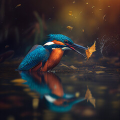 Beautiful kingfisher catching a fish