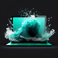Icon, light turquoise ocean and splashes from open laptop screen