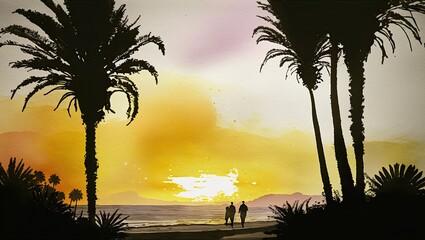 AI-generated illustration: watercolor landscape of a sunset seen through palm trees. MidJourney.