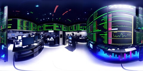 Naklejka na ściany i meble Photo of a high-tech computer room with multiple screens and monitors
