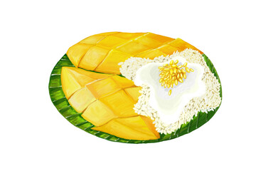 Watercolor and drawing for Mango with Sticky Rice on banana leaf . Thai cuisine and dessert. Digital painting of food illustration. Regional Foods Concept.