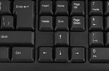 Part of a computer keyboard, black close-up
