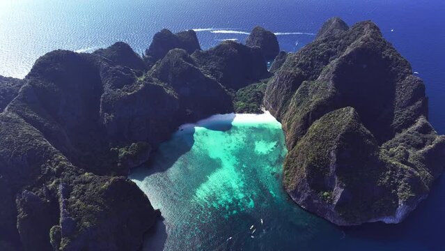Aerial view of Maya bay and Pileh lagoon in Phi phi island, Thailand