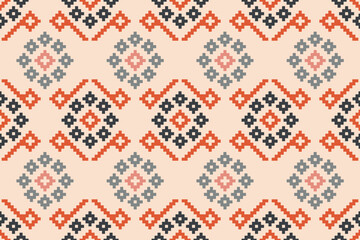 Ethnic geometric fabric pattern Cross Stitch.Ikat embroidery Ethnic oriental Pixel pattern brown cream background. Abstract,vector,illustration.For texture,clothing,wrapping,decoration,carpet.