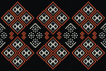 Ethnic geometric fabric pattern Cross Stitch.Ikat embroidery Ethnic oriental Pixel pattern dark black background. Abstract,vector,illustration.For texture,clothing,wrapping,decoration,carpet.