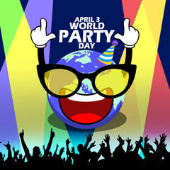 Earth wearing glasses is partying with disco lights and a crowd of people and bold text to commemorate World Party Day on April 3