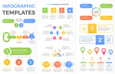 Set of infographic templates for web and business projects, presentations - steps and options, circle diagrams, map pins