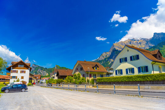 Road and houses near the mountains in Vaduz, Oberland Liechtenstein