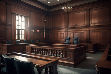 Courtroom interior. Empty Courthouse room interior. Law and Justice concept. Generative AI
