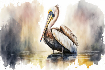 Watercolor painting of a peaceful pelican standing at the water. Beautiful artistic animal portrait for poster, wallpaper, art print. Made with generative AI.