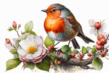 Watercolor painting of a robin redbreast sitting on a blooming twig. Beautiful artistic animal portrait for art print, greeting card, springtime concepts. Made with generative AI. - obrazy, fototapety, plakaty