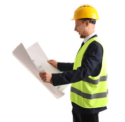 Male architect with drawing on white background