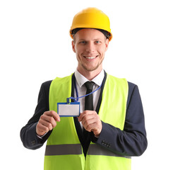 Male architect with badge on white background