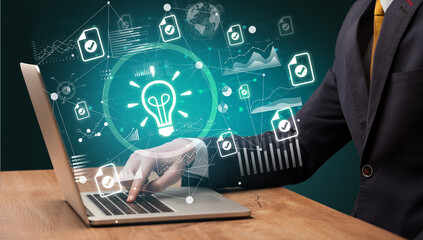 Business hand working on laptop, successful business concept