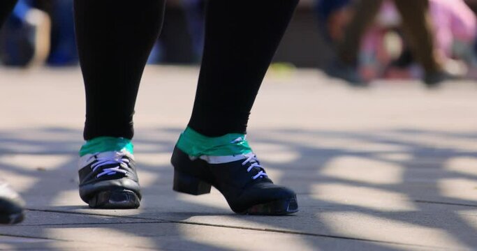 Close up slow motion shot of the shoes of Irish dance in Myriad Botanical Gardens at Oklahoma