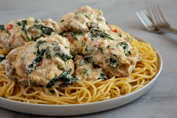 Homemade Creamy Tuscan Chicken with Spinach and Spaghetti Pasta, side view. Close-up.