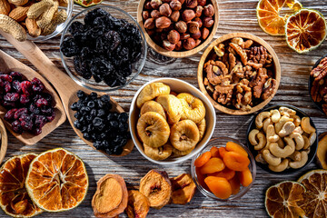 Composition with a variety of dried fruits and assorted nuts.
