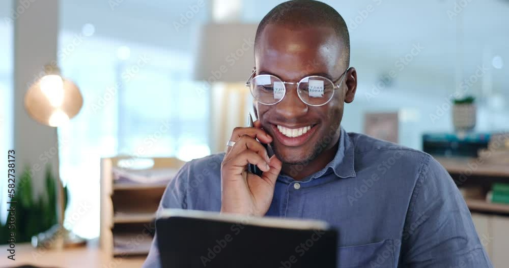 Poster smile, business and black man in office on tablet for web design ideas, online project and website. 