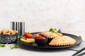Plate with baked empanadas, meat and sauce on light background