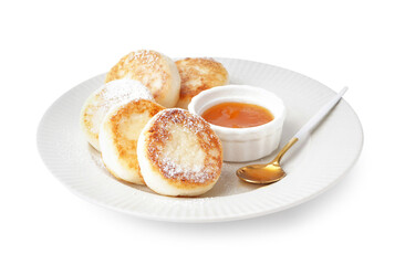 Plate with tasty cottage cheese pancakes and jam isolated on white background