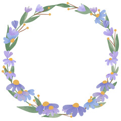 Cute wreath with flowers, leaves and branches in vintage style, Watercolor purple flower wreath