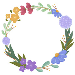 Cute wreath with flowers, leaves and branches in vintage style, watercolor flower wreaths