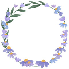 Cute wreath with flowers, leaves and branches in vintage style, Watercolor purple flower wreath