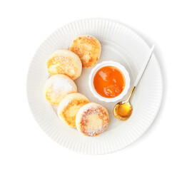 Plate with tasty cottage cheese pancakes and jam isolated on white background