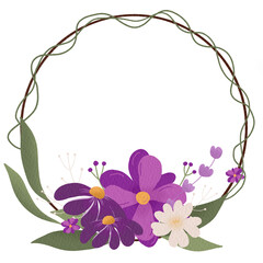 Fototapeta na wymiar Cute wreath with flowers, leaves and branches in vintage style, Watercolor purple flower wreath
