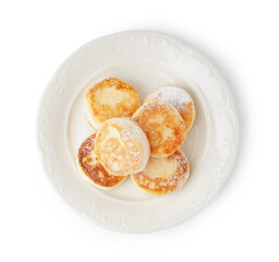 Plate with tasty cottage cheese pancakes isolated on white background