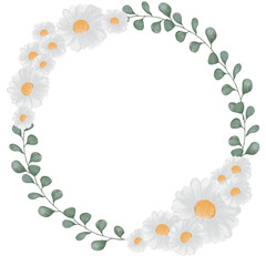 Cute wreath with flowers, leaves and branches in vintage style, watercolor flower wreath white