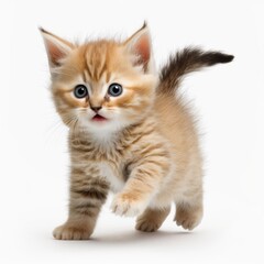 An energetic little kitten playing and running, captured in full body on an isolated background. The perfect image to showcase the playful nature of cats, generated by AI for maximum clarity and detai