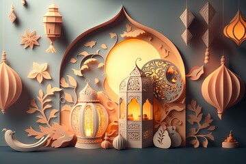 3d Illustration Ramadan eid paper cut art Generative Ai