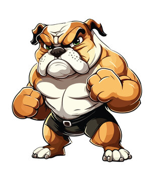 A cartoon image of a bulldog with a black belt and shorts