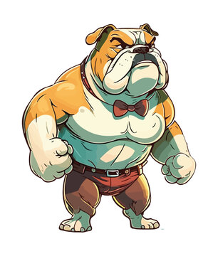 A cartoon image of a bulldog with a bow tie and bow tie